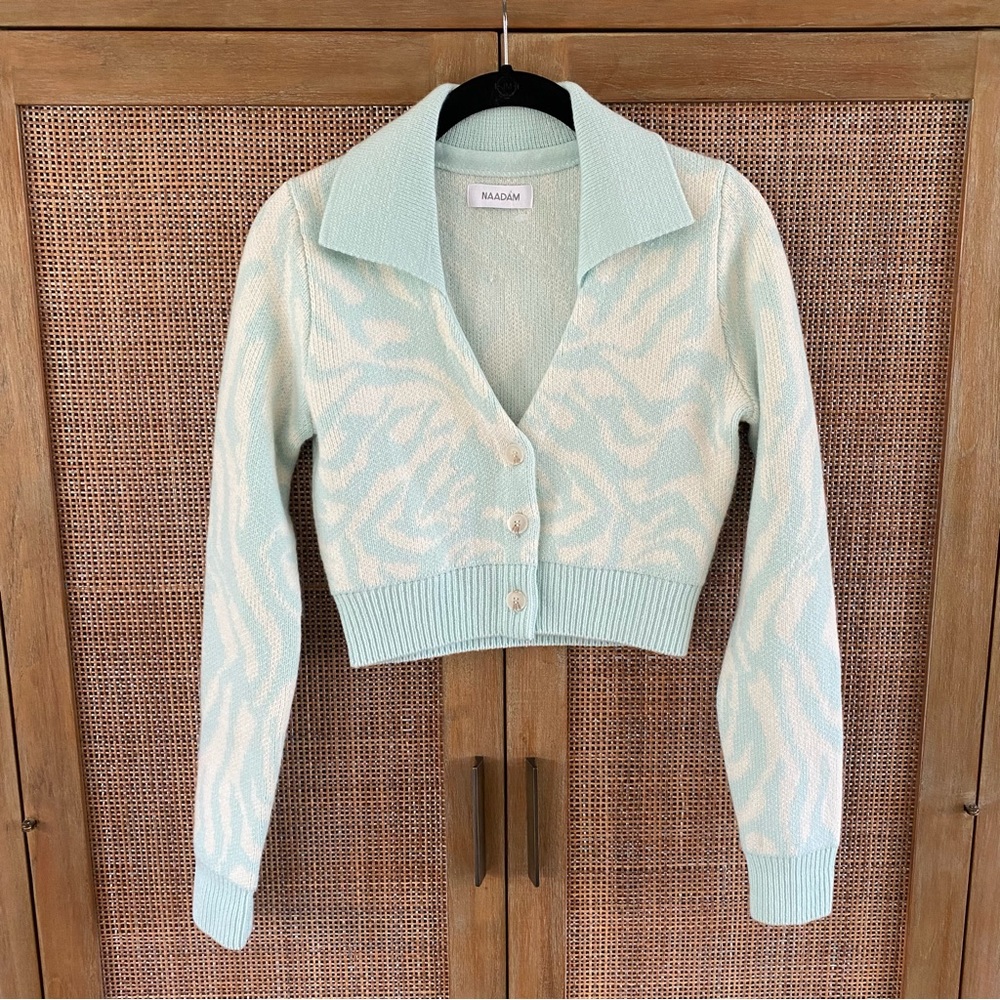 NEW NAADAM Printed Cashmere Blend Cropped Polo Cardigan Sweater